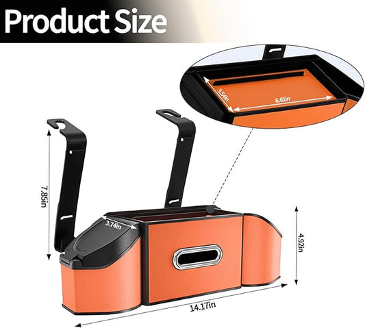 Oivjckx 7-In-1 Multifunctional Car Seat Back Organizer with Cup Holders, Tissue Box, Garbage Can & Hooks, Headrest Storage & Cup Holder for Backseat (Orange)