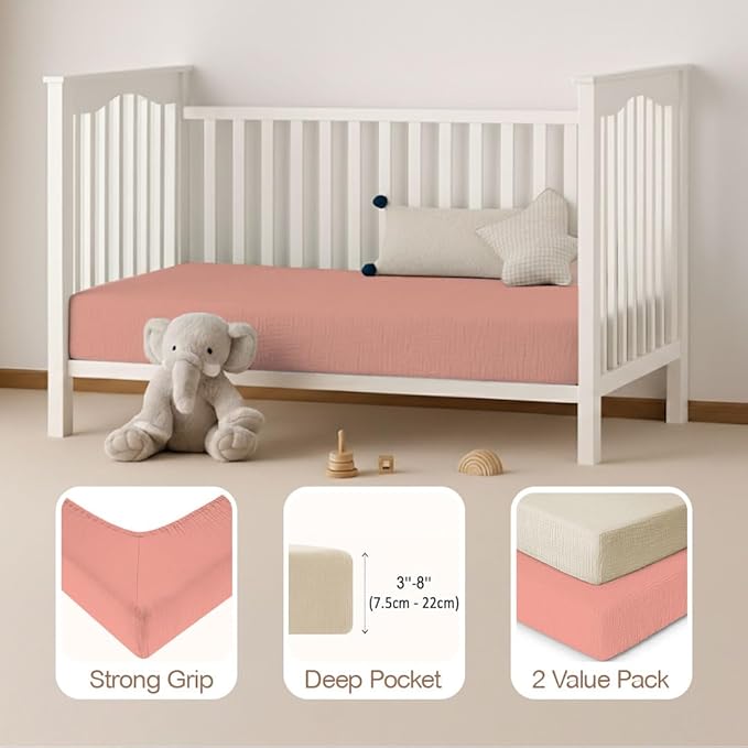 Mère & Moi Muslin Fitted Crib Sheets – 100% Cotton, Ultra-Soft & Breathable Baby Bedding for Standard Crib & Toddler Mattress (28” x 52”) - 2 Pack (Pink and Cream)