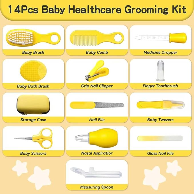 Baby Healthcare and Grooming Kit, 14 in 1 Baby Safety Set Newborn Nursery Health Care Set with Hair Brush Scale Nail Clippers for Baby Girls Boys(14 Kits Yellow)