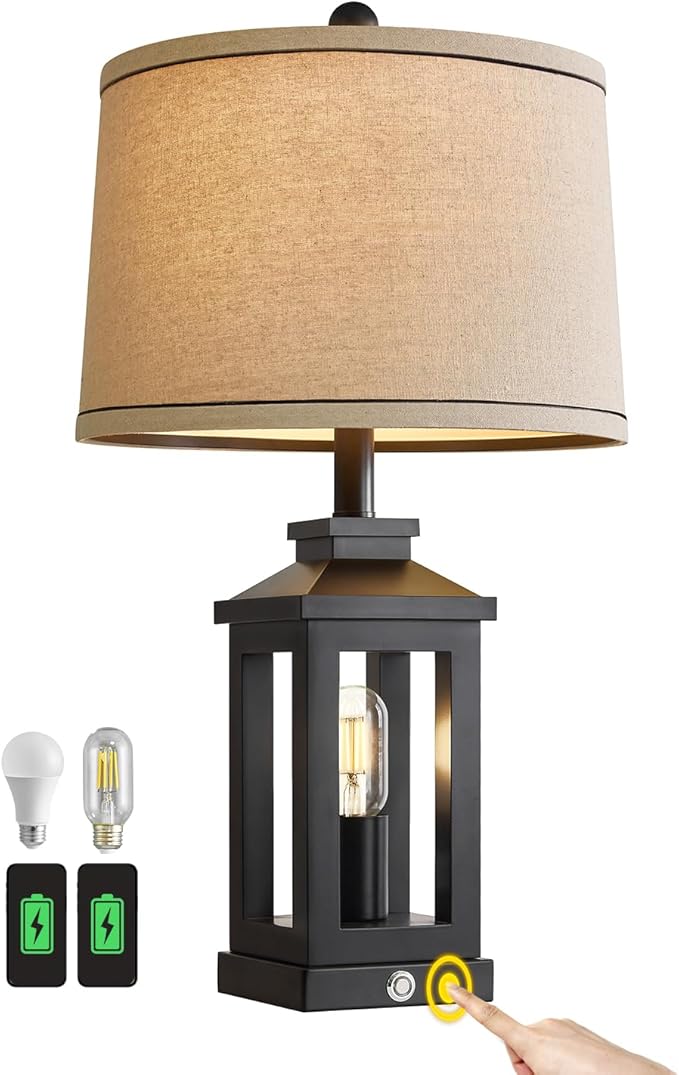 G-SAFAVA 23.75" Retro Farmhouse Black Table Lamp for Living Room Bedroom Nightstand Single Pack Touch Control Bedside Nightlight Vintage Modern Lamp with USB C+A Ports and 2 Light Sources