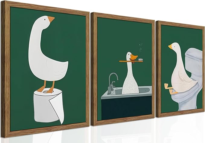 Framed Silly Goose Wall Art Bathroom Art Wall Decor Set of 3, Funny Gooses Poster Print, Dark Green Nursery Decor, Cute Animal Pictures Canvas for Kids Bathroom Washroom – 16x24 inch