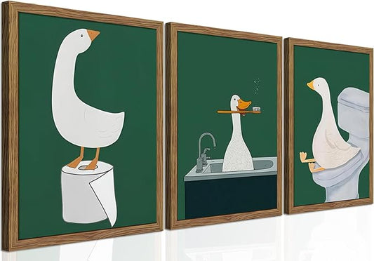 Framed Silly Goose Wall Art Bathroom Art Wall Decor Set of 3, Funny Gooses Poster Print, Dark Green Nursery Decor, Cute Animal Pictures Canvas for Kids Bathroom Washroom – 16x24 inch