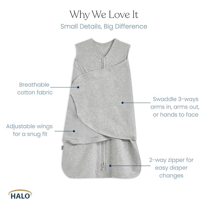 HALO 100% Cotton Sleepsack Swaddle, 3-Way Adjustable Wearable Blanket, TOG 1.5, Natural, Newborn, 0-3 Months
