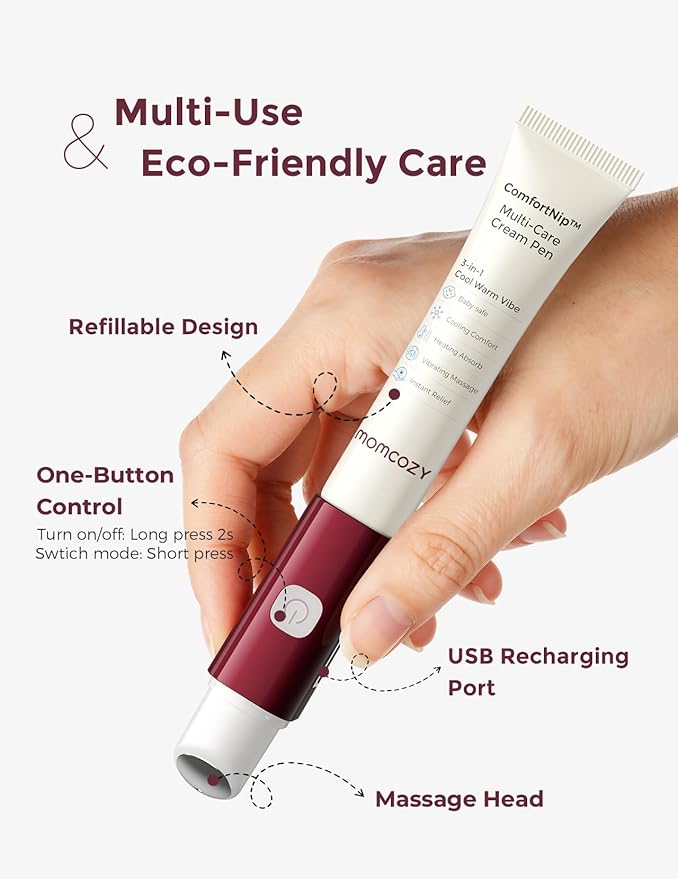Momcozy ComfortNip™ 3-in-1 Multi-Care Cream Pen Kit, Heat/Cool/Vibe Breadfeeding Pen + Nipple Cream Refills Combo, Rechargeable Touch-Free 316 Steel Head for Nipple Pain Relief
