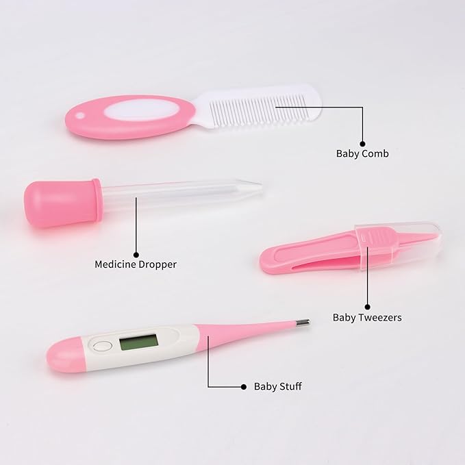 Baby Healthcare and Grooming Kit, Baby Safety Set Newborn Nursery Health Care Set with Hair Brush Scale Measuring Spoon Nail Clippers for Baby Girls Boys (24PCS Pink)