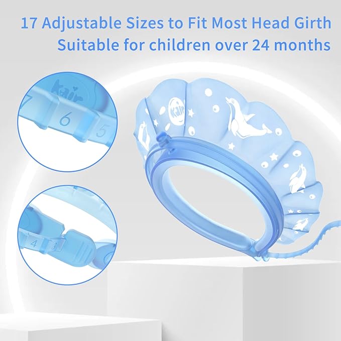 kair Baby Kids Shower Cap Soft Adjustable Silicone Toddler Bath Visor Children Hair Washing Hat Keep Kids Shield Water Out of Eyes & Ears (Blue, Head Size 17"-24" More Than 24 Months)