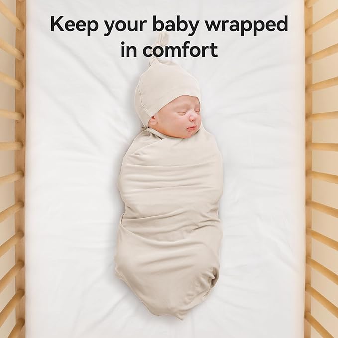 Rayon Made from Bamboo Newborn Swaddle Blanket Set with Matching Beanie, Super Soft Stretchy Baby Clothes Outfit for Girl Boy, Receiving Blankets Newborn Essentials, 35 x 35 Inch