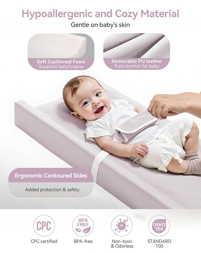 COMOMY Baby Changing Pad with Wipeable & Waterproof PU Cover, Contoured Diaper Changing Pad for Dresser with Non-Slip Safety Belt, Portable and Lightweight, Large Cushioned Foam, Lavender