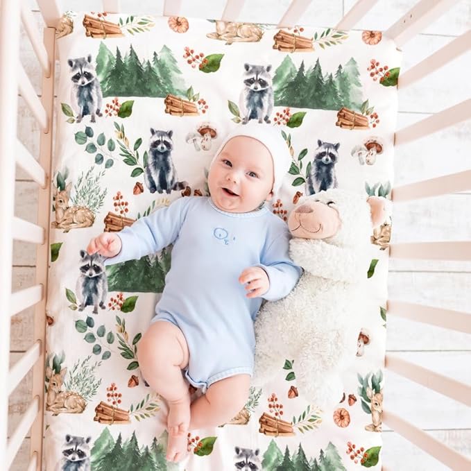 4 Pack N Play Sheets Woodland Forest Animals Wood Neutral Unisex Fitted Baby N Play Sheets Fitted for Standard Pack and Plays and Mini Cribs Set for Baby Boys or Girls (Raccoon)