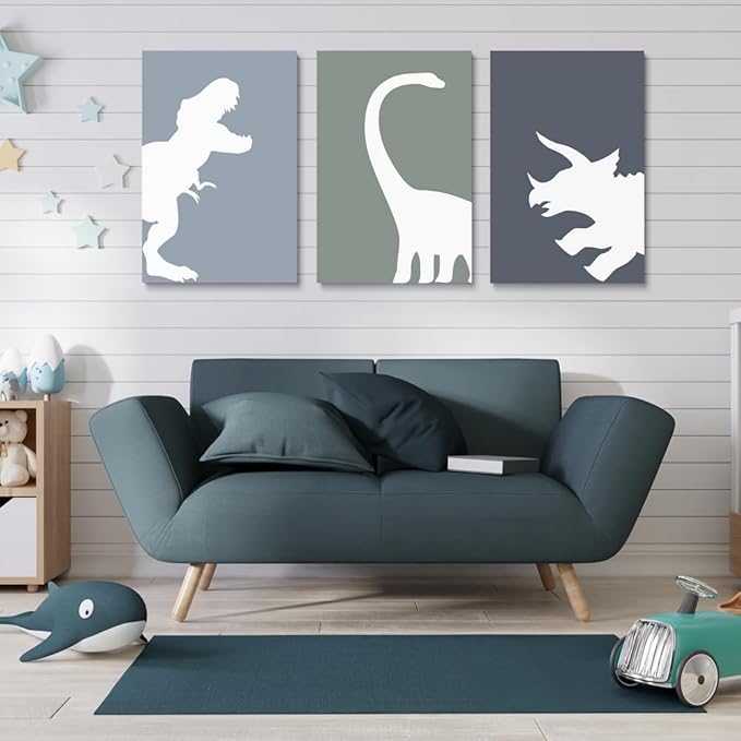 GUBIYU Dinosaur Wall Decor T-Rex Art - Framed Canvas Wall Art Set of 3, Boys Room Aesthetic Posters, Animal Nursery Print for Kids Toddler Decor 16"x24"