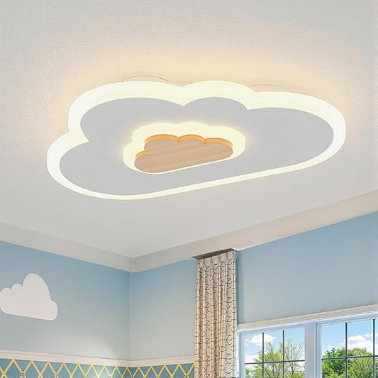 LED Wood Cloud Cartoon Kids Ceiling Light 23.62in - 3000-6500K with Nightlight - Bedroom Nursery Lamps for Girls & Boys