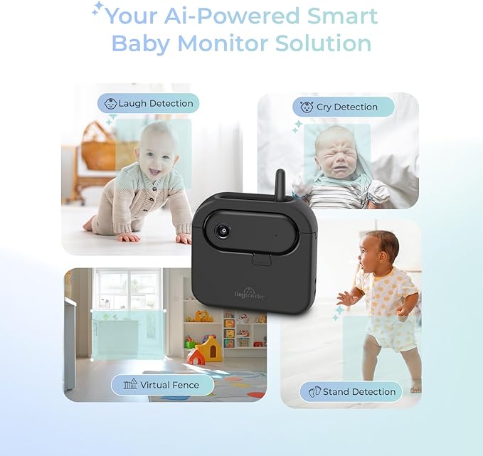 Tiny Traveler Ai Smart Wireless Baby Car Monitor with Power Bank - AI-Powered Safety Alerts: Cry/Laugh/Stand Detection, Virtual Fence, Long Range 1000ft Night Vision Lullabies Night Light - Black
