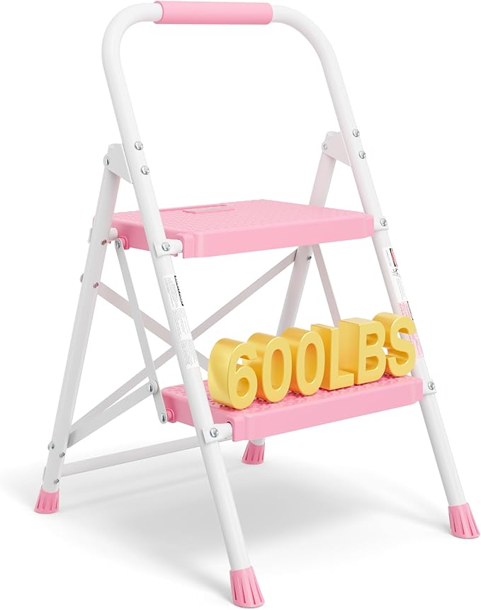 BONTEC 2-Step Ladder, Folding Step Stool, 600lbs Max Load Capacity, Sturdy Steel, Non-Slip Pedals, Lightweight, Portable Steel Ladder with Convenient Handrail, Safety Design for Home & Work, Pink