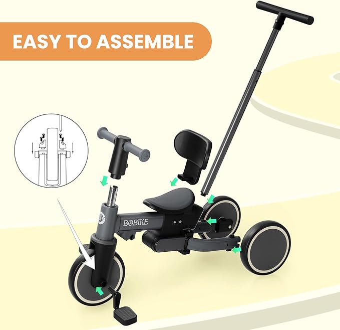 BoBike 5-in-1 Tricycle for Toddlers 18 Months to 5 Years, Kids Bike with Upgraded Pedals, Parent Push Handle, Balance Bike & Easy Assembly for Boys Girls (Grey)
