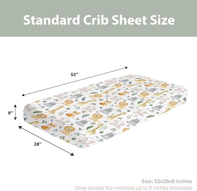 Safari Animals Baby Crib Sheets for Boy Girl 28"x52" Lion Giraffe Elephant Hippo Tropical Leaves Soft Snug Fitted Crib Mattress Cover Zoo Jungle Nursery Baby Sheet for Crib & Toddler Bed Mattress