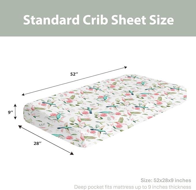 Hummingbird Greenery Floral Baby Crib Sheets for Boy Girl 28"x52" Spring Birds Leaves Soft Snug Fitted Crib Mattress Cover Forest Animals Nursery Baby Sheet for Standard Crib & Toddler Mattress Pad