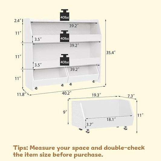COZPAW Toy Storage Organizer, 3 Tier Montessori Shelf with Movable Bins, Toy Organizers Book Shelf for Kids Room, Playroom, Nursery (White)