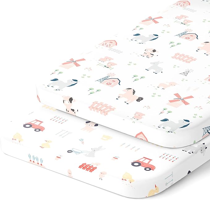Bedside Sleeper Bassinet Sheets for 32 x 19 Inch Mattress Pad – Compatible with Ronbei, Pamobabe, Nordmiex Bassinet – 100% Jersey Cotton – Farm Animals – 2 Pack