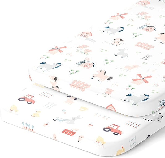 Cradle Sheets Fitted 18 x 36 Inch – Snuggly Soft 100% Jersey Cotton – Farm Animals – 2 Pack