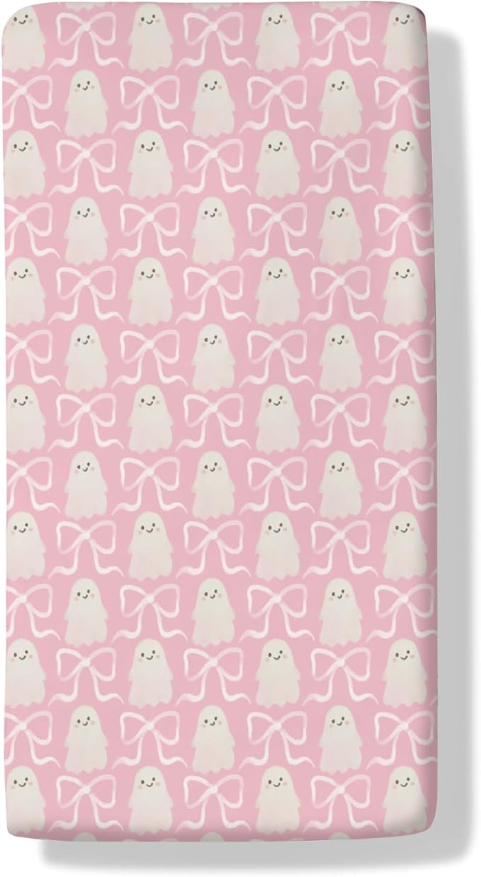 Halloween Spooky Pink Bows Baby Crib Sheets Cute Pastel Bows Soft Crib Sheet Spooky Season Fitted Crib Mattress Cover for Standard Crib and Toddler Mattresses 52"x28"