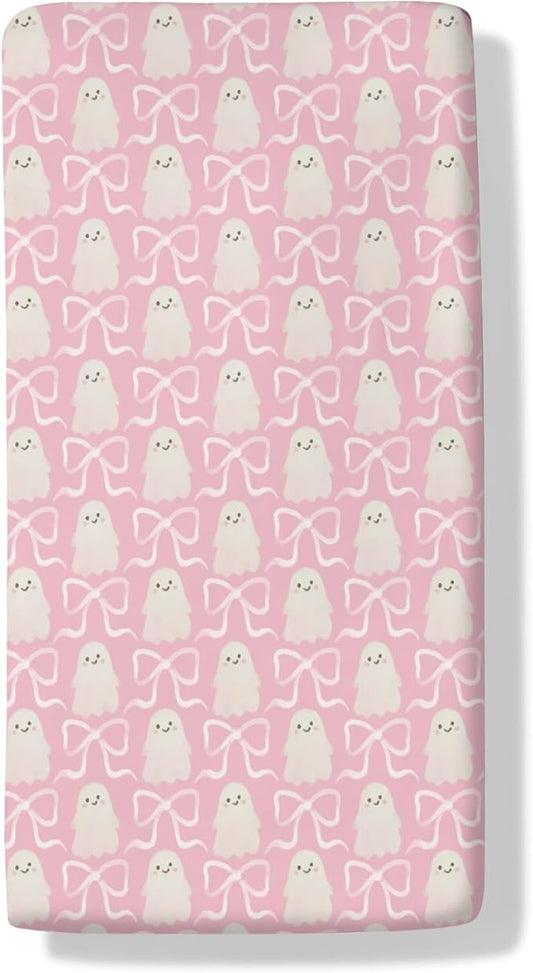 Halloween Spooky Pink Bows Baby Crib Sheets Cute Pastel Bows Soft Crib Sheet Spooky Season Fitted Crib Mattress Cover for Standard Crib and Toddler Mattresses 52"x28"