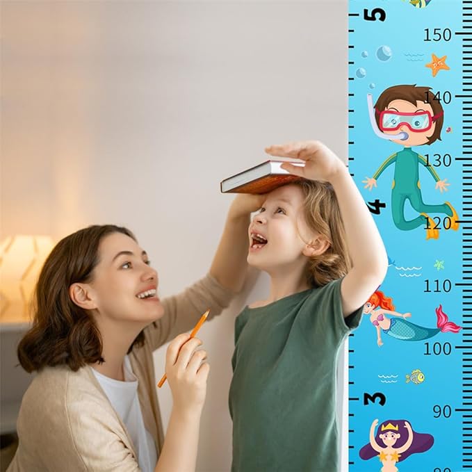Baby Height Growth Chart - Canvas Height Chart for Kids Baby Child Toddler Boys Girls Growth Chart for Wall Room Nursery Decor Hangable and Removable Measuring Wall Ruler (Mermaid, Black Wood)