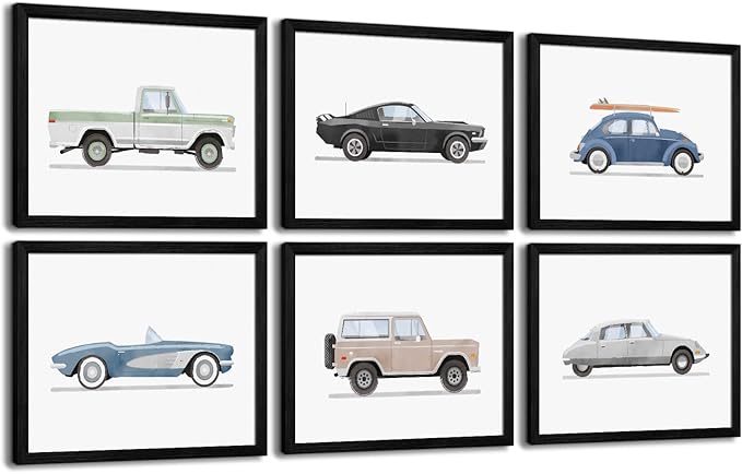 Blue Car Wall Art Decor Boys Room Wall Art Vintage Cars Canvas Poster Pictures Toddler Kids Room Prints Watercolor Vehicle Artwork Painting for Boys Bedroom Nursery 12x16 Inch Black Framed Set of 6