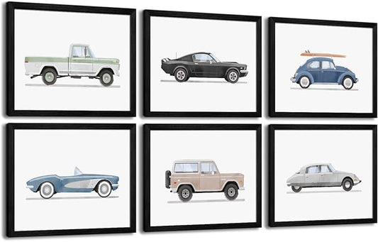 Blue Car Wall Art Decor Boys Room Wall Art Vintage Cars Canvas Poster Pictures Toddler Kids Room Prints Watercolor Vehicle Artwork Painting for Boys Bedroom Nursery 8x10 Inch Black Framed Set of 6