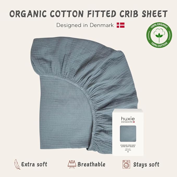 Crib Sheets – Organic Cotton Muslin Fitted Crib Sheet – Standard Size for Baby Boy and Baby Girl 28" x 52" Ultra-Soft and Breathable. (Tradewinds)