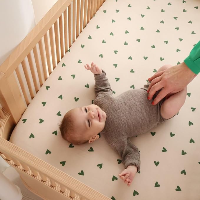 Crib Sheets – Organic Cotton Muslin Fitted Crib Sheet – Standard Size for Baby Boy and Baby Girl 28" x 52" Ultra-Soft and Breathable. (Green Hearts)