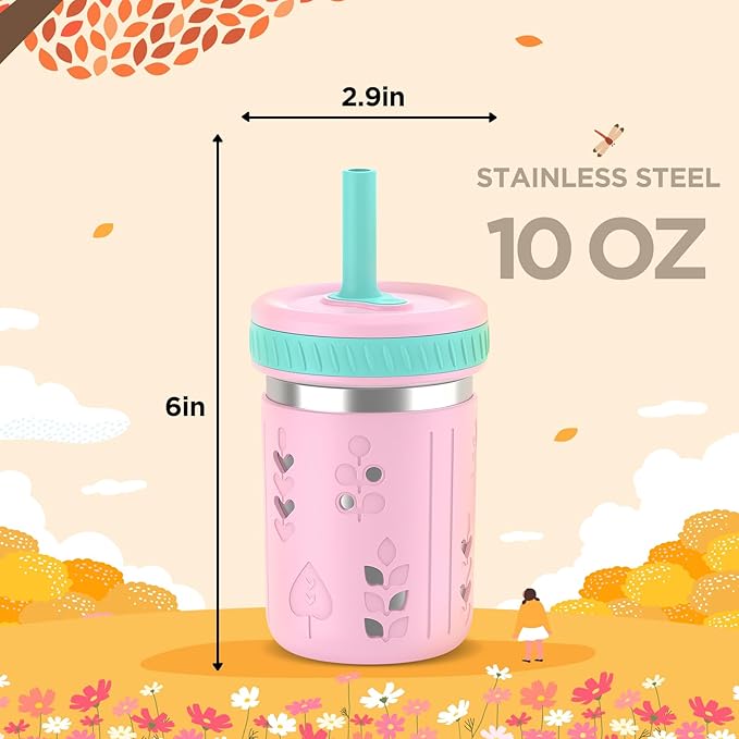 Tronco [4 Pack] 10 oz 2-in-1 Stainless Steel Kids Tumbler Cups with Silicone Sleeves, Spill-Resistant Flexible Straws & Storage Lids, BPA-Free Smoothie and Snack Cups, Dishwasher Safe