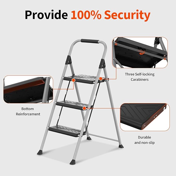 DIAMONDFORGE 3 Step Ladder, Folding Step Stool with Wide Anti-Slip Pedal, Soft Grip Handle, Non-Slip Feet, Sturdy Steel Construction, 900 lbs Capacity Steel Ladder for Home and Office, Grey
