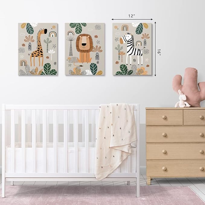 SKYSUKEY Boho Safari Nursery Wall Art Canvas Prints - Set of 3, Framed 16"x24"