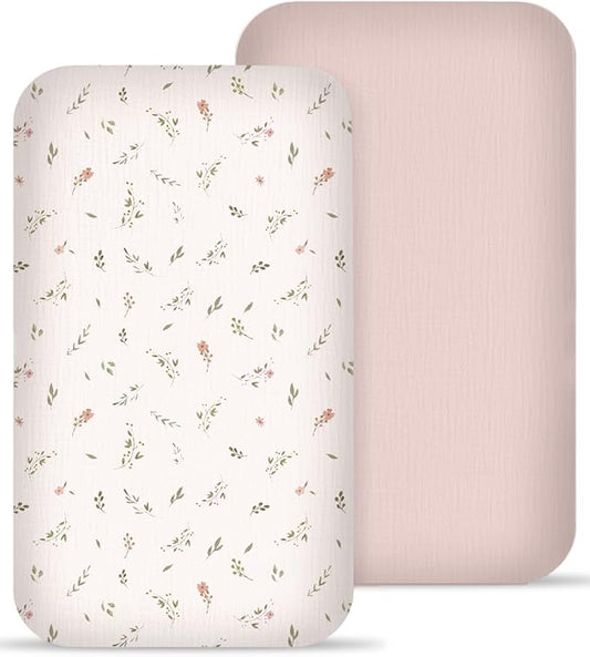 Muslin Bedside Bassinet Sheets 2 Pack, 33x20 Fitted Ultra Soft & Breathable Bedside Sleeper Sheets, Ideal for Baby Girl and Boy, Perfect for Newborns (Petal Leaf & Pink)