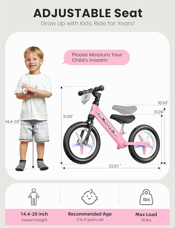 besrey Toddler Balance Bike 2 Year Old: Sturdy All-Metal Frame + 12" Auto-Light Wheels & Bonus 4 Stickers + Customize Plate, Toddler Bike with Adjustable Seat for Kids 2-5 Gift Bike for Boys Girls