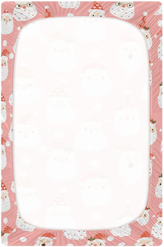 Santa Pink Christmas Crib Sheets Soft Breathable Fitted Baby Playard Sheets Mattress Cover for Girl Boys, 39" x 27" x 5"