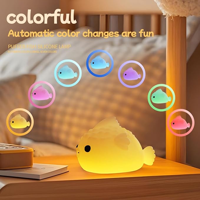 DNBFLLK White Pufferfish Night Light - Silicone Touch Sensor Lamp for Nursery, 3 Adjustable Brightness, USB-C Rechargeable Baby-Safe Bedside Light, Modern Kids Room Decor & Toddler Sleep Aid