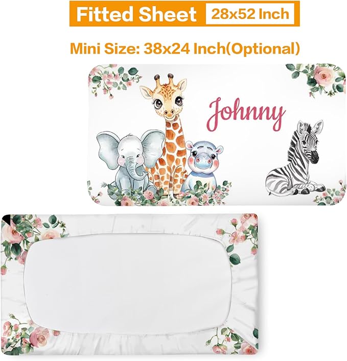 Custom Nursery Crib Bedding Set: Personalized Nursery Decor Baby Blanket Fitted Crib Sheet Changing Pad Cover Baby Room Rug Safari Animals Giraffe Pattern Gift Idea(Fixed Size)