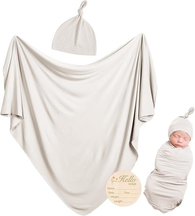 Rayon Made from Bamboo Newborn Swaddle Blanket Set with Matching Beanie, Super Soft Stretchy Baby Clothes Outfit for Girl Boy, Receiving Blankets Newborn Essentials, 35 x 35 Inch