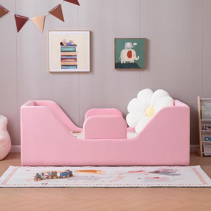 Toddler Floor Bed with Removable Safety Rails and Storage Bag, Kids Bed for Girl and Boys, Standard Crib Size, Safety Upholstered Child Beds, Low to Floor Design