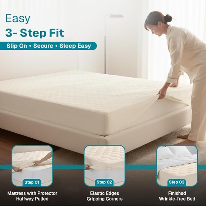 FABDREAMS Organic Quilted Mattress Protector Cal King Size | Mattress Pad| Mattress Cover| Naturally Breathable | Noiseless| Fits up to 17" Deep Pockets| Temperature Regulating | Ivory