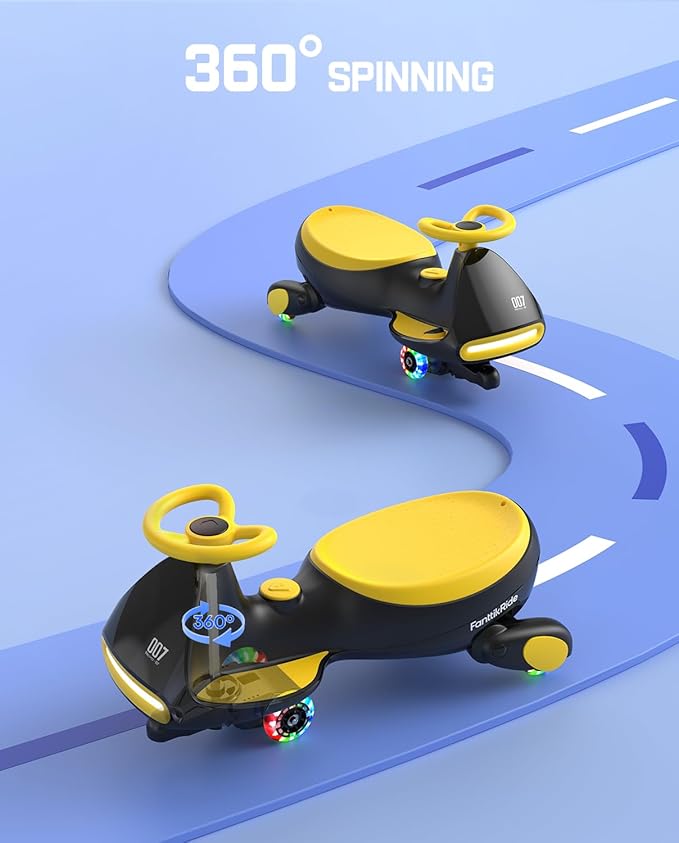 FanttikRide N7 Pro Electric Wiggle Car with Pedal, Rechargeable Battery, CyberWiggle, 2 in 1 Swing Car, 2 Speeds Max 4 Mph, Anti-Rollover, Flashing Wheels, Bluetooth, for Ages 3 and Up, 150 Lbs,Yellow