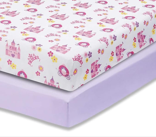 Everyday Kids 2 Pack Fitted Girls Crib Sheet, 100% Soft Breathable Polyester Baby Sheet, Fits Standard Size Crib Mattress 28in x 52in, Nursery Sheet - Princess/Lavender