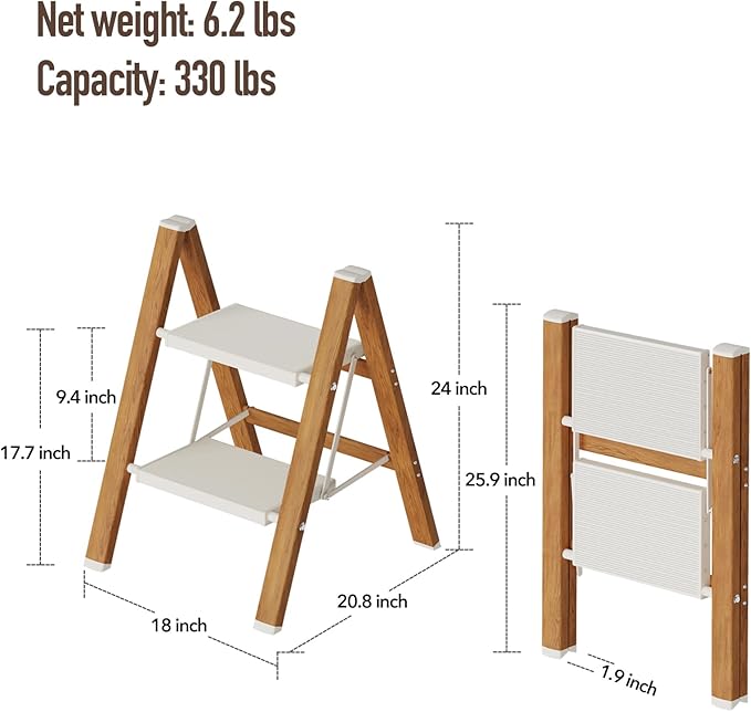 Mayi Plus 2-Step Aluminum Ladder,Lightweight Folding Step Stool with Extra-Wide Anti-Slip Steps,330 lbs Capacity,Compact Space-Saving Design for Home,Kitchen and Office（White&Woodgrain）