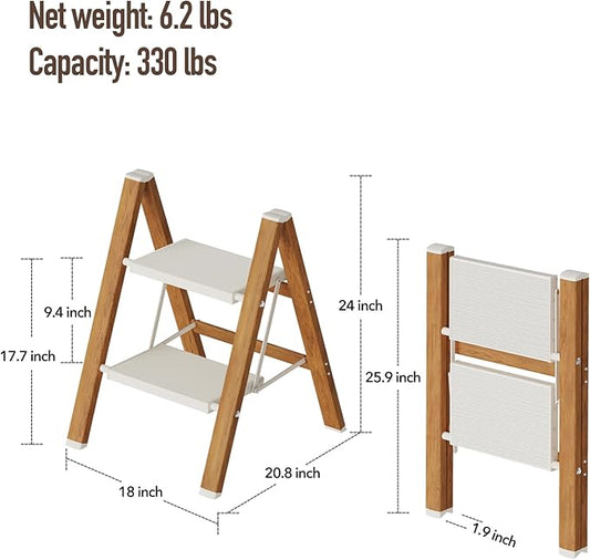 Mayi Plus 2-Step Aluminum Ladder,Lightweight Folding Step Stool with Extra-Wide Anti-Slip Steps,330 lbs Capacity,Compact Space-Saving Design for Home,Kitchen and Office（White&Woodgrain）