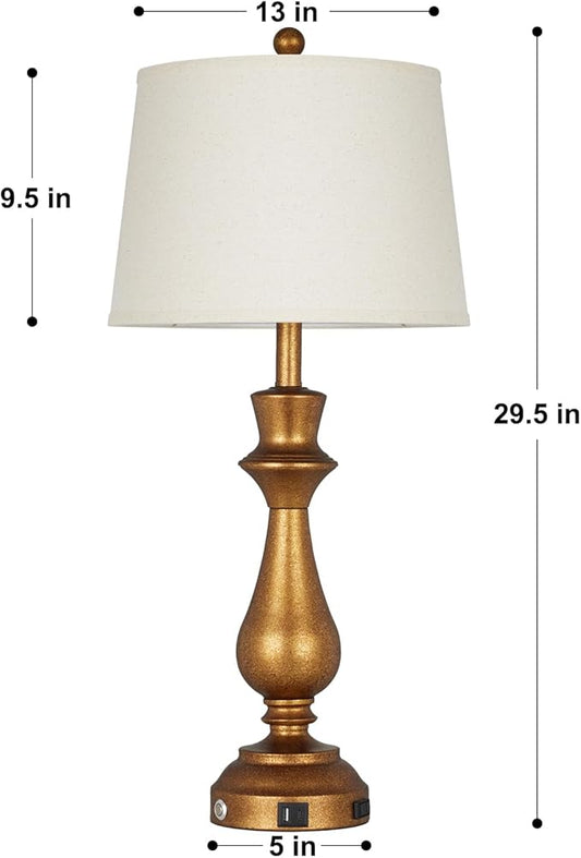 luxeflow Retro Gold Table Lamps Set of 2 for Living Room,30" Tall Bedside Lamp with USB Charging Port,3-Way Dimmable Touch Nightstand Lamp for Bedroom Desk Side Table Office,Copper Gold