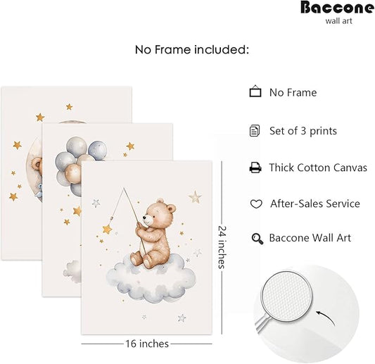 Baccone Teddy Bear Nursery Wall Art Decor Baby Boy Girl Room Poster Vintage Nursery Canvas Wall Decor Toddler Kids Room Pictures Cute Bear Neutral Artwork for Bedroom Playroom 16x24 Unframed Set of 3