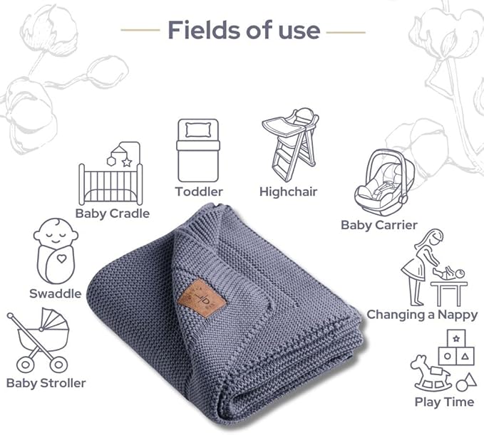 100% Organic Cotton GOTS Certified Baby Knitted Blanket with Gift Box - Soft Toddler, Crib, Stroller Blanket - Neutral Swaddle and Receiving Blanket for Newborns, 30"x40", Grey Blue