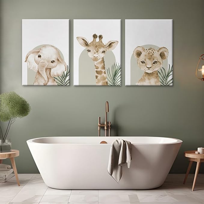 Animal Wall Art Pictures Baby Nursery Canvas Wall Art Decor Safari Animal Prints Jungle Kids Wall Art Woodland Nursery Wall Decor Giraffe Jungle Poster for Room 16x24 Inch Framed Set of 3