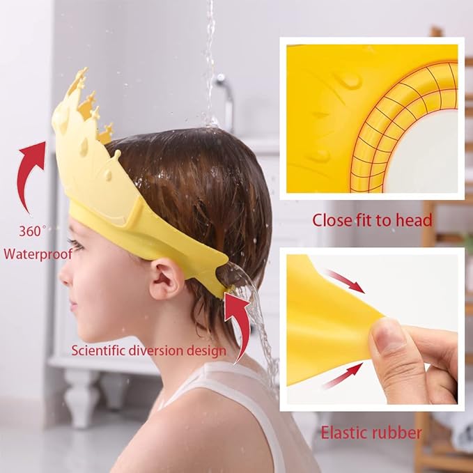 Baby Shower Cap Shield, Baby bath set shower cap/water cup/massage brush,Visor Hat for Eye and Ear Protection for 0-9 Years Old Children,Cute Crown Shape Makes the Baby Bath More Fun (Yellow)
